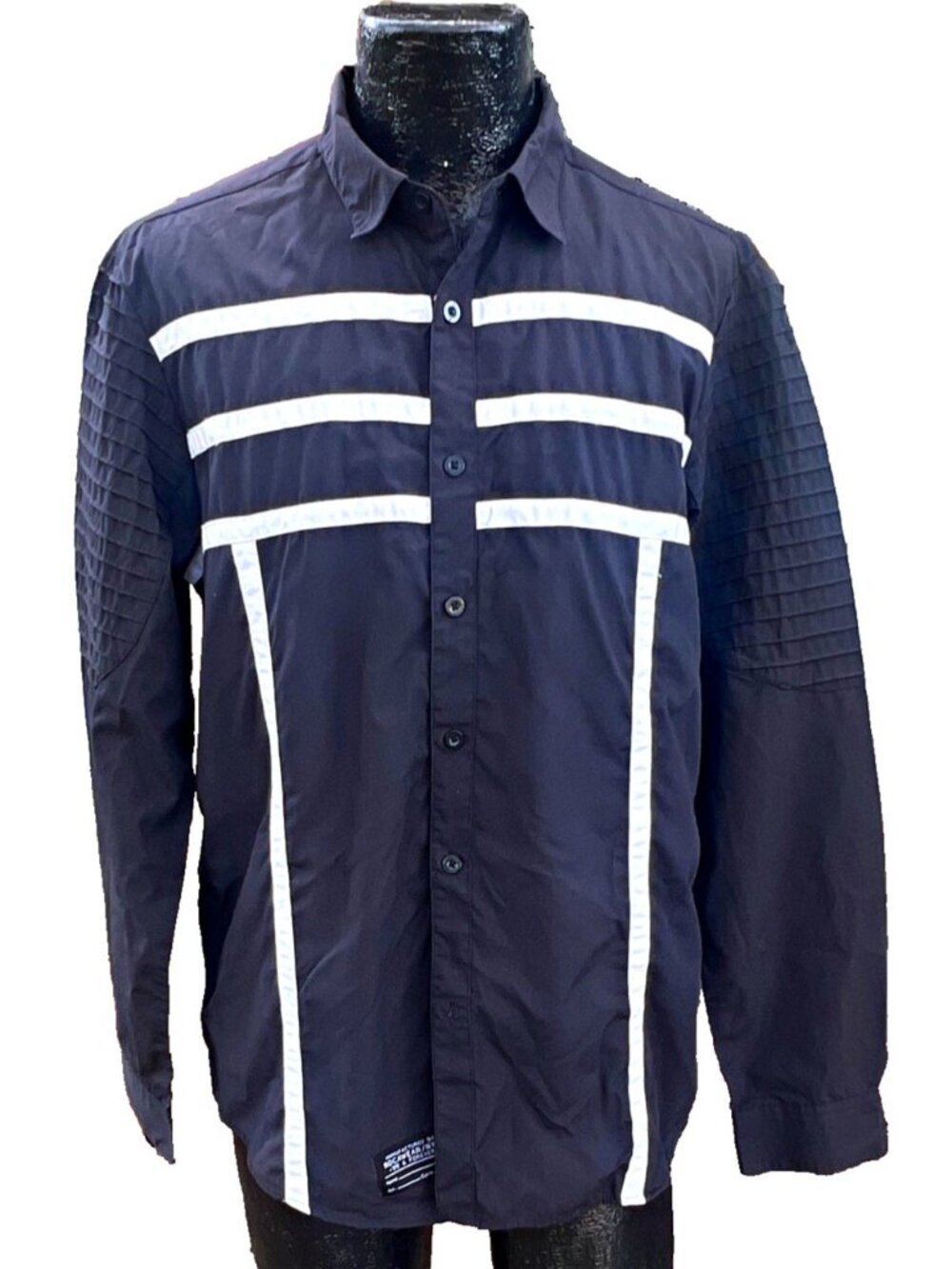 Rocawear Vintage Y2K Mens L Black White Stripe Moto Long Sleeve Button Up Shirt